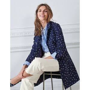 Boden Suki Waterproof Coat in navy with white polka dots